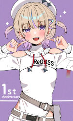 1girl absurdres anniversary beret blonde_hair blush clothing_cutout commentary_request haru_yu hat highres hololive hololive_dev_is leotard official_alternate_costume pointing pointing_at_self purple_background purple_eyes purple_nails shoulder_cutout shrug_(clothing) todoroki_hajime todoroki_hajime_(regloss_uniform) two_side_up virtual_youtuber white_leotard