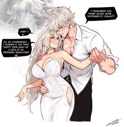 1boy 1girl absurdres armpit_crease bare_shoulders belt bianca_(pgr) black_belt black_pants breasts collarbone collared_shirt commandant_(pgr) commentary couple covered_navel dancing dated dress english_commentary facial_hair fingernails grey_eyes grey_hair hand_grab hand_on_another&#039;s_hip highres hip_vent huge_breasts long_hair looking_at_another mole mole_under_eye muscular muscular_male official_art_inset pants parted_lips punishing:_gray_raven scar scar_across_eye scar_on_face shirt shiwudesu signature smile strapless strapless_dress untucked_shirt very_long_hair white_shirt