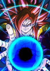 1boy big_bang_kamehameha black_vest blue_background blue_eyes body_fur brown_fur dragon_ball dragon_ball_gt energy_ball gogeta highres kamehameha_(dragon_ball) long_hair male_focus metamoran_vest powering_up red_hair simple_background smirk solo spiked_hair super_saiyan super_saiyan_4 tenseihahihu94 upper_body vest