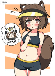 1girl absurdres animal_ears arknights artist_name bike_shorts black_shorts black_sports_bra blush breasts brown_eyes brown_hair hendra highres navel open_mouth orange_background petite shaw_(arknights) shorts signature simple_background small_breasts speech_bubble spoken_character sports_bra squirrel_ears squirrel_girl squirrel_tail tail v-shaped_eyebrows