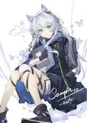 1girl absurdres animal_ears ankle_boots arknights black_boots black_gloves black_jacket boots chinese_commentary commentary_request gloves green_eyes grey_hair hair_intakes highres holding infection_monitor_(arknights) invisible_chair jacket long_hair looking_at_viewer making-of_available parted_lips partial_commentary procreate_(medium) reach_far_away_(viuooczy) rhodes_island_logo_(arknights) rosmontis_(arknights) sample_watermark sitting solo thigh_strap watermark white_background