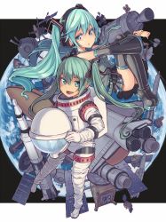 2girls boots detached_sleeves earth_(planet) green_eyes green_hair hatsune_miku helmet long_hair multiple_girls necktie planet saltydanshark satellite skirt space space_shuttle spacecraft spacesuit thigh_boots thighhighs twintails vocaloid