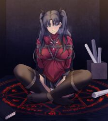 1girl absurdres arms_behind_back bdsm black_hair black_skirt black_thighhighs blue_eyes bound bound_arms bound_legs cross cross_print fate_(series) full_body hair_ribbon hao718 heavy_breathing highres magic_circle on_ground panties pantyshot red_shirt ribbon shibari shibari_over_clothes shirt sitting skirt solo thighhighs tohsaka_rin two_side_up underwear white_panties