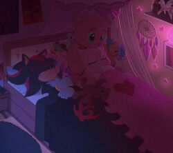1boy 1girl :3 amy_rose animal_ears animal_nose annoyed aqua_eyes bed black_fur blanket body_fur cellphone closed_eyes closed_mouth dark dreamcatcher eyelashes furry furry_female furry_male gloves half-closed_eyes hat head_on_pillow heart hedgehog_girl highres hug indoors lying night nightcap on_back pedobear phone pillow pink_fur poster_(object) red_eyes red_fur shadow_the_hedgehog shelf sleeping smartphone sonic_(series) stuffed_animal stuffed_rabbit stuffed_toy stuffed_turtle teddy_bear too_many toonsite two-tone_fur under_covers white_gloves