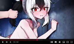 against_wall black_hair black_horns blue_archive blush breasts bright_pupils collar completely_nude fake_screenshot grabbing_another&#039;s_hair highres horns kayoko_(blue_archive) looking_at_viewer manli mole mole_on_neck multicolored_hair nude ponytail red_eyes red_horns scanlines small_breasts striped_horns two-tone_hair white_hair white_pupils