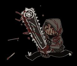 1boy :d black_gloves blood blood_spray blush chainsaw chibi chibi_only closed_eyes cry_of_fear fingerless_gloves full_body gloves grey_hoodie holding holding_chainsaw hood hood_up hoodie ju-san male_focus open_mouth running simon_henriksson_(book) smile solo