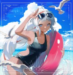 1girl absurdres bird blue_eyes blue_sky cloud eyewear_on_head grey_hair grin hashtag-only_commentary highres innertube long_hair looking_at_viewer mazinisang multicolored_hair ocean one-piece_swimsuit original outdoors sample_watermark sky smile solo streaked_hair sunglasses swim_ring swimsuit tan very_long_hair watermark