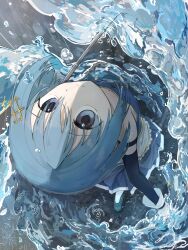 Rule 34 | 1girl, blue boots, blue eyes, blue hair, blue skirt, boots, commentary, detached sleeves, expressionless, fortissimo, from above, gloves, hair ornament, highres, magical girl, mahou shoujo madoka magica, mahou shoujo madoka magica (anime), miki sayaka, miki sayaka (magical girl), musical note, musical note hair ornament, pleated skirt, short hair, skirt, solo, sugarbeet 334, sword, thighhighs, water, weapon, white gloves, white thighhighs