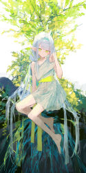 1girl absurdres bare_shoulders barefoot blue_hairband commentary dress elf full_body green_eyes green_sash hair_between_eyes hairband highres ichika_(ichika87) leaf long_hair looking_at_viewer original plant_roots pointy_ears sash sidelocks simple_background sleeveless solo symbol-only_commentary tree very_long_hair white_background white_dress white_hair