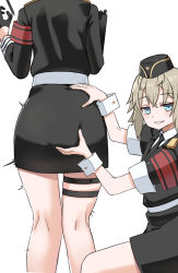2girls absurdres armband ass ass_focus belt blonde_hair blue_eyes formal_clothes girls&#039;_frontline gloves grabbing_another&#039;s_ass grin groping hat head_out_of_frame highres military_hat miniskirt mp40_(girls&#039;_frontline) mp41_(girls&#039;_frontline) multiple_girls necktie pencil_skirt short_hair skirt skirt_suit smile suit surprised thigh_strap tight_skirt toryu_fufu uniform wrist_cuffs