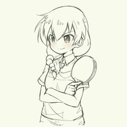 Rule 34 | 1girl, blush, braid, collared shirt, crossed arms, female focus, grey background, greyscale, hair between eyes, hair over shoulder, holding, monochrome, paddle, pas (paxiti), sasorida sachiko, shakunetsu no takkyuu musume, shirt, short sleeves, simple background, sketch, smile, solo, spot color, table tennis paddle, upper body, v-shaped eyebrows, wing collar