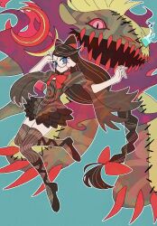 1girl bayonetta_(series) bayonetta_origins:_cereza_and_the_lost_demon black_dress black_hair black_shoes black_thighhighs blue_background blue_eyes blue_fire bow bowtie braid breasts cereza cheshire_(demon)_(bayonetta) claws colored_sclera dress fire full_body glasses glowing glowing_eye hands_up hashtag-only_commentary highres long_hair looking_at_viewer low-tied_long_hair monster open_mouth red_bow red_eyes red_sclera rii_(mrhc7482) ringed_eyes round_eyewear sharp_teeth shoes short_dress simple_background single_braid small_breasts smile stitched_face stitched_leg stitches striped_clothes striped_thighhighs swept_bangs teeth thighhighs vertical-striped_clothes vertical-striped_thighhighs zettai_ryouiki