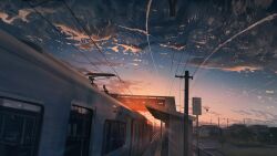 absurdres banishment building chain-link_fence cloud cloudy_sky contrail fence highres lamppost locomotive multiple_unit_train original pantograph power_lines road_sign scenery sign sky tactile_paving train train_station tree