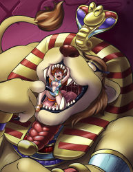 1girl 1other ancient_egyptian black_panties breasts highres king_totomesu lion mario_(series) medium_breasts monster nintendo nipples panties princess_daisy shaxbert super_mario_land tagme tomboy underwear vore