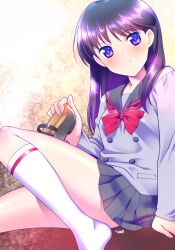 Rule 34 | 1girl, bishoujo senshi sailor moon, black hair, black sailor collar, black shoes, black skirt, blue eyes, bow, buttons, closed mouth, earrings, grey shirt, highres, himehachi (hime8manga), hino rei, holding shoes, jewelry, kneehighs, long hair, long sleeves, miniskirt, pleated skirt, red bow, sailor collar, school uniform, serafuku, shirt, shoes, sitting, skirt, smile, socks, solo, split mouth, unworn shoes, white socks