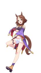 Rule 34 | 1girl, animal ears, bare shoulders, breasts, brown hair, chinese text, cleavage cutout, clothing cutout, detached sleeves, dress, ear ornament, flexing, forehead, full body, game cg, game model, hair ornament, hairclip, highres, holding, holding cloth, horse ears, horse girl, horse tail, horseshoe, horseshoe ornament, jacket, leg up, medium breasts, medium hair, multicolored hair, official art, open mouth, purple dress, purple eyes, purple jacket, sandals, short hair, shorts, simplified chinese text, smile, solo, standing, standing on one leg, tail, teeth, thigh strap, thighs, transparent background, tsurumaru tsuyoshi (umamusume), two-tone hair, umamusume, upper teeth only, white hair, white shorts