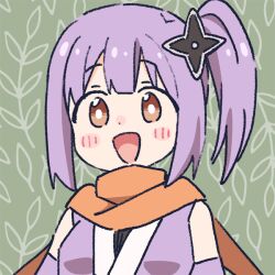 1girl :d bare_shoulders blush breasts brown_eyes commentary japanese_clothes kimono kusagakure_satoko looking_at_viewer nekotoufu ninja ninja_to_koroshiya_no_futarigurashi open_mouth orange_scarf purple_hair purple_kimono scarf shuriken_hair_ornament side_ponytail simple_background small_breasts smile solo upper_body