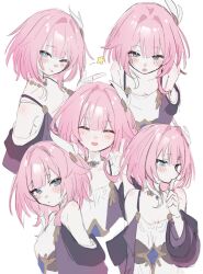 1girl ;p absurdres blue_eyes blush breasts coat cyrene_(honkai:_star_rail) dress hair_ornament highres honkai:_star_rail honkai_(series) jewelry leaning_forward multiple_views necklace neneneneko one_eye_closed pink_hair purple_coat simple_background small_breasts tongue tongue_out white_background white_dress
