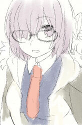 1girl breasts fate/grand_order fate_(series) glasses hair_over_one_eye jacket kihiro mash_kyrielight medium_breasts necktie open_clothes open_jacket open_mouth purple_eyes purple_hair red_necktie sketch solo upper_body