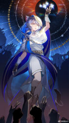 1girl absurdres ancient_greek_clothes animal_ears animal_hood arm_up black_gloves blue_eyes cat_ears cat_girl cat_hood cat_tail cipher_(honkai:_star_rail) fengtu_ad fingerless_gloves full_body gloves greco-roman_clothes grey_hair hair_between_eyes highres honkai:_star_rail honkai_(series) hood night night_sky open_mouth sky solo star_(sky) starry_sky tail teeth upper_teeth_only watermark