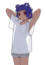 1girl animal_ear_fluff animal_ears arms_behind_head bear_ears bear_girl blue_hair blunt_bangs dolphin_shorts food food_in_mouth go!_go!_gris! gris_(go!_go!_gris!) highres original pocky pocky_in_mouth red_eyes shirt short_hair shorts silhouette simple_background vertigris white_shirt