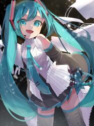1girl aqua_eyes aqua_hair aqua_necktie aqua_trim black_skirt blush boots breasts commentary detached_sleeves hair_between_eyes hair_ornament hatsune_miku hatsune_miku_happy_16th_birthday_-dear_creators- headphones highres long_hair long_sleeves looking_at_viewer medium_breasts miniskirt necktie number_tattoo open_mouth pleated_skirt shirt skirt sleeveless sleeveless_shirt smile solo tattoo thick_thighs thigh_boots thighhighs thighs twintails very_long_hair vocaloid white_shirt wide_sleeves yana_(gsgk0jxuweehcss) zettai_ryouiki