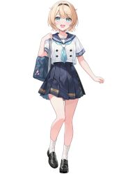 1girl :d adju_ster bag bag_charm black_hairband black_shoes blonde_hair blue_eyes blue_neckerchief blue_sailor_collar blue_skirt blush character_charm charm_(object) full_body hairband hand_up highres hololive kazama_iroha kazama_iroha_(school_uniform) la+_darknesss la+_darknesss_(1st_costume) looking_at_viewer missing_commentary neckerchief official_alternate_hair_length official_alternate_hairstyle open_mouth pleated_skirt sailor_collar school_bag school_uniform serafuku shirt shoes short_hair short_sleeves simple_background skirt smile socks solo standing virtual_youtuber white_background white_shirt white_socks