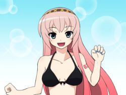Rule 34 | 1girl, animated, animated gif, bikini, blue eyes, blue nails, bouncing breasts, breasts, cleavage, female focus, front-tie top, long hair, mameshiba (pixiv 59310), megurine luka, nail polish, pink hair, running, smile, solo, swimsuit, vocaloid
