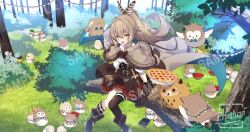 1girl 6+others :d ahoge ankle_boots basket belt berry book boots brown_capelet brown_cloak brown_corset brown_eyes brown_hair bunting bush cape cape_lift capelet chahanramen cloak clothes_lift corset dagger feather_hair_ornament feathers floating_hair food forest friend_(nanashi_mumei) hair_ornament hairclip hat hololive hololive_english hood hooded_cloak hooman_(nanashi_mumei) hootsie_(nanashi_mumei) kneehighs knife lantern light_rays long_hair looking_at_viewer multicolored_hair multiple_others nanashi_mumei nanashi_mumei_(1st_costume) nature open_mouth outdoors party_hat pie ponytail ribbon sample_watermark shirt single_kneehigh single_sock single_thighhigh sitting sitting_on_branch smile socks streaked_hair sunglasses teeth thighhighs tree upper_teeth_only very_long_hair virtual_youtuber watermark weapon white_shirt