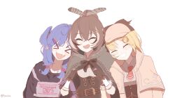 Rule 34 | &gt; &lt;, 3girls, absurdres, ahoge, black sweater, blonde hair, brown capelet, brown cloak, brown hair, buruhas, capelet, cloak, corset, feather hair ornament, feathers, gloves, hair ornament, hairclip, hat, head wings, highres, hololive, hololive english, long hair, long sleeves, medium hair, multicolored hair, multiple girls, nanashi mumei, nanashi mumei (1st costume), necktie, nijisanji, nijisanji en, open mouth, ponytail, purple hair, red necktie, selen tatsuki, selen tatsuki (1st costume), shirt, short hair, skirt, streaked hair, sweater, virtual youtuber, watson amelia, watson amelia (1st costume), white shirt, wings