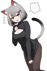 Rule 34 | 1girl, absurdres, alternate costume, animal ears, black sweater, breasts, brown pantyhose, cat ears, cat girl, cat tail, cleavage, cleavage cutout, clothes pull, clothing cutout, dress, extra ears, fang, gradient hair, grey hair, hair ornament, hairclip, highres, looking at viewer, medium breasts, multicolored hair, neneko mashiro, open mouth, pantyhose, pulling own clothes, red eyes, ribbed sweater, saho 4545, short hair, simple background, smile, solo, spoken blush, stellive, sweater, sweater dress, sweater pull, tail, virtual youtuber, white background