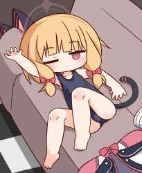 1girl barefoot black_one-piece_swimsuit blonde_hair blue_archive blush bow closed_mouth commentary_request couch full_body hair_bow halo hana_kazari headphones highres long_hair lying momoi_(blue_archive) on_back one-piece_swimsuit one_eye_closed red_bow red_eyes red_halo solo swimsuit unworn_clothes unworn_headphones