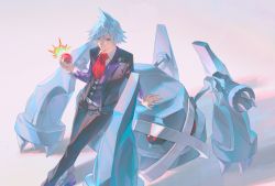 Rule 34 | 1boy, absurdres, arm support, bakutiku, black jacket, blue hair, closed mouth, collared shirt, gen 3 pokemon, highres, holding, holding poke ball, jacket, leaning, long sleeves, male focus, metagross, necktie, nintendo, pants, poke ball, poke ball (basic), pokemon, pokemon (creature), pokemon oras, red necktie, shirt, shoes, short hair, spiked hair, steven stone, vest, white shirt