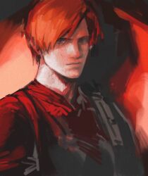 Rule 34 | 1boy, black shirt, closed mouth, collared shirt, commentary, grey eyes, hashtag-only commentary, highres, jianghesongmu, leon s. kennedy, looking at viewer, male focus, painterly, parted bangs, resident evil, resident evil 2, shirt, solo, upper body, walkie-talkie