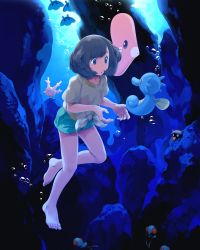1girl :o air_bubble bare_legs barefoot black_hair blue_eyes bubble collarbone commentary_request corsola floral_print freediving gen_1_pokemon gen_2_pokemon gen_3_pokemon gen_4_pokemon green_shorts highres horsea luvdisc mantyke mk_(mikka) nintendo pokemon pokemon_(creature) pokemon_sm selene_(pokemon) shellder shirt short_hair short_shorts short_sleeves shorts swept_bangs swimming t-shirt tentacool tied_shirt underwater