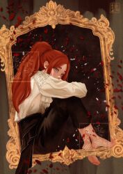 Rule 34 | 1girl, ascot, barefoot, black pants, clair obscur: expedition 33, commentary, english commentary, grey eyes, hanabi (albipink), high ponytail, highres, maelle (clair obscur: expedition 33), pants, ponytail, portrait (object), red hair, red petals, solo, watermark, white ascot, white petals
