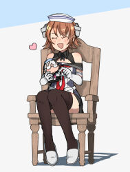 1girl ahoge annin_musou black_sailor_collar black_skirt black_thighhighs blush brown_hair chair closed_eyes commentary_request dixie_cup_hat doll dress elbow_gloves flipped_hair glasses gloves grey_hair hat headgear heart heywood_l._edwards_(kancolle) holding holding_doll kantai_collection military_hat neckerchief off-shoulder_dress off_shoulder on_chair open_mouth pink_neckerchief red_neckerchief richard_p._leary_(kancolle) sailor_collar school_uniform serafuku shoes short_hair sitting skirt spoken_heart thighhighs white_gloves white_hat white_shoes