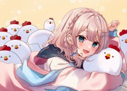 1girl :d black_sailor_collar blue_bow blue_eyes blush bow braid brown_background brown_hair commentary_request crown_braid earrings hair_bow hair_ornament hand_up highres jacket jewelry long_sleeves looking_at_viewer lying on_stomach open_mouth original pink_jacket puffy_long_sleeves puffy_sleeves rino_cnc sailor_collar school_uniform serafuku shirt simple_background sleeves_past_wrists smile solo stuffed_animal stuffed_chicken stuffed_toy white_shirt