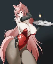 1girl absurdres animal_ears arknights bare_shoulders bigyann176 black_gloves black_pantyhose braid breasts covered_navel extra_ears gloves highres large_breasts leotard long_hair pantyhose pink_eyes pink_hair playboy_bunny pozyomka_(arknights) red_leotard simple_background solo strapless strapless_leotard tail very_long_hair wolf_ears wolf_girl wolf_tail