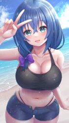 1girl absurdres bare_shoulders beach black_sports_bra blue_eyes blue_hair blue_shorts blush bow breasts cleavage cloud collarbone commentary_request cowboy_shot crossed_bangs denim denim_shorts hair_between_eyes hair_bow halterneck hand_up highres indie_virtual_youtuber large_breasts long_hair looking_at_viewer midriff navel ocean panty_straps purple_bow sand senno_inori short_shorts shorts sky smile solo sports_bra tanu_(ace_ikachan) thigh_gap v v_over_head virtual_youtuber