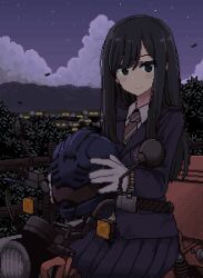 1girl black_hair blue_skirt cloud gloves grey_eyes helmet ikeda_(kasutera) landscape long_hair looking_at_viewer lowres motor_vehicle motorcycle necktie night night_sky original pixel_art skirt sky solo white_gloves