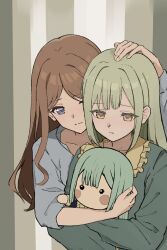 2girls absurdres asdfg0612 bang_dream! bang_dream!_it&#039;s_mygo!!!!! blue_eyes brown_hair closed_mouth doll green_hair hands_on_another&#039;s_head highres hug hug_from_behind mortis_(bang_dream!) multiple_girls nagasaki_soyo pajamas striped_background wakaba_mutsumi wakaba_mutsumi_(doll) yellow_eyes