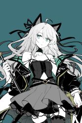 1girl ahoge animal_ears aqua_background aqua_eyes arknights bare_shoulders breasts camisole chinese_commentary closed_mouth collarbone commentary_request cowboy_shot expressionless hair_ribbon highres holding infection_monitor_(arknights) long_hair long_sleeves looking_at_viewer medium_breasts mint_(arknights) navel off_shoulder partial_commentary partially_colored piaoliu_ping_ping_ping_pingzi ribbon simple_background skirt solo spaghetti_strap standing thighhighs