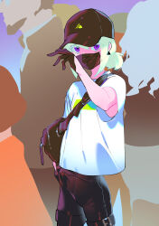 2girls 4boys androgynous aqua_hair bag baseball_cap belt black_gloves black_hat black_pants colored_eyelashes gloves hair_bun half_gloves hat highres km_(ksolee1201) lio_fotia looking_at_viewer mask mouth_mask multiple_boys multiple_girls pants promare purple_eyes shirt short_hair shoulder_bag single_hair_bun solo_focus t-shirt thigh_belt thigh_strap white_shirt