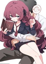 1boy 1girl bare_legs black_eyes black_pants black_shirt blue_archive book breasts doodle_sensei_(blue_archive) highres iroha_(blue_archive) loli long_hair male_sensei_(blue_archive) meng_yin necktie pants red_hair red_necktie sensei_(blue_archive) shirt simple_background sitting sitting_on_person small_breasts twitter white_background white_shirt