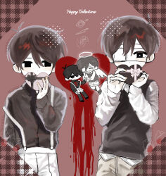 Rule 34 | 2boys, absurdres, alternate costume, alternate sleeve length, angel, angel wings, antenna hair, black eyes, black hair, black shirt, black sweater vest, blood, blood on clothes, blush, box, bright pupils, brown shorts, chibi, closed eyes, collared shirt, double-parted bangs, dual persona, eyepatch, halo, happy valentine, heart, heart-shaped box, highres, holding, holding box, limited palette, long sleeves, looking at another, male focus, multiple boys, omori, omori (omori), open mouth, rou (h s sinrin), shirt, short hair, shorts, smile, socks, something (omori), spoilers, sunny (omori), suspenders, sweater vest, thighhighs, white pupils, wings