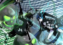 Rule 34 | 10s, battle, belt, bikini, bikini top only, black dress, black hair, black rock shooter, black rock shooter (character), blue eyes, boots, cape, chain, colored skin, curly hair, dead master, dress, glowing, glowing eyes, green eyes, hikariz, hood, hoodie, horns, long hair, ribbon, scar, scythe, skull, swimsuit, sword, twintails, weapon, white skin