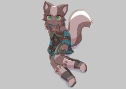 1girl :&lt; aqua_dress aqua_sleeves arms_at_sides bare_shoulders black_dress boots brown_hair brown_tail closed_mouth colored_bangs detached_sleeves double-parted_bangs dress fewer_digits flat_chest floating full_body furry green_eyes grey_background grey_boots haineko_05 hair_flaps highres jewelry knees_together_feet_apart light_blush long_sleeves looking_ahead medium_hair multicolored_dress multicolored_hair necklace original pendant shadow short_dress simple_background solo squirrel_girl striped_tail tail white_hair white_tail