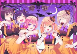 5girls apron black_dress black_hair black_hat black_nails blonde_hair blue_eyes bow bowtie candy closed_eyes cowboy_shot dress fangs food food_in_mouth frilled_apron frills green_eyes halloween_costume hat holding holding_candy holding_food holding_lollipop hououji_akane ice_cream licking lollipop long_hair looking_at_viewer makuzawa_ouka megami_no_cafe_terrace mouth_hold multiple_girls nail_polish one_eye_closed ono_shiragiku open_mouth orange_apron orange_hair paw_pose pink_hair purple_bow purple_bowtie purple_eyes purple_hair seo_kouji short_hair short_sleeves tsukishima_riho tsuruga_ami twintails