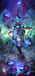 1girl absurdres arms_at_sides bandages black_sclera blue_hair blue_skin breasts candle candlelight claws colored_sclera colored_skin demon_girl demon_tail demon_wings earrings hat highres jack-o&#039;-lantern jewelry large_breasts looking_at_viewer navel nekoemonn original pointy_ears purple_eyes revealing_clothes scarf solo standing tail wings witch_hat